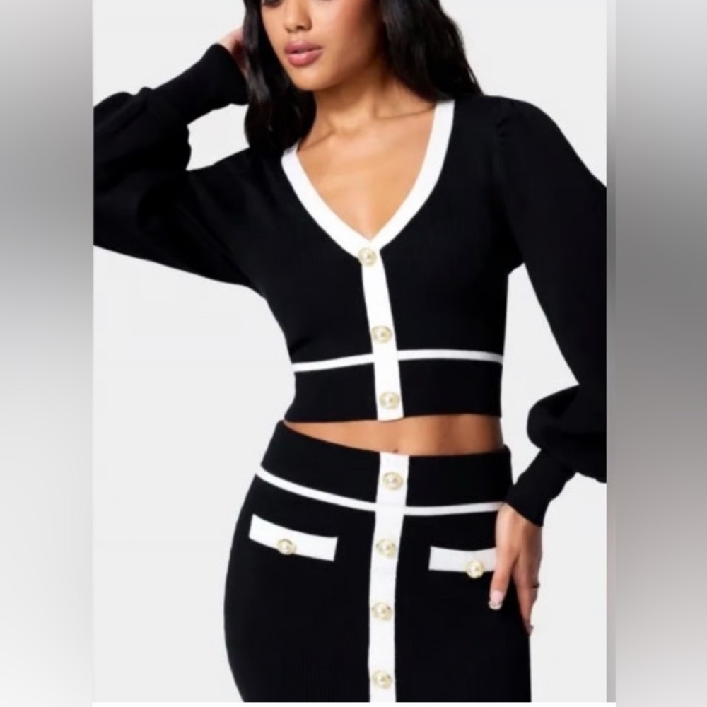 bebe Black and White Knit Crop Top Cardigan NWOT